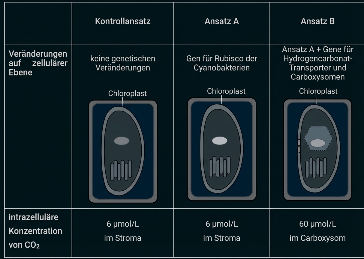 Tabelle mit drei Chloroplast-Skizzen: Kontrolle, Ansatz A (Cyanobakterien-Rubisco), Ansatz B (Rubisco + Carboxysom/Transporter).